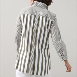 Chicos Pink and White No Iron Stretch Striped Button Back Tunic Collared